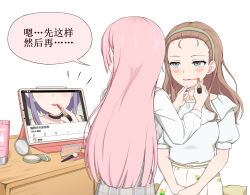 Rule 34 | 2girls, anglediana, applying makeup, bang dream!, bang dream! it&#039;s mygo!!!!!, blue eyes, blush, brown hair, chihaya anon, chinese commentary, closed mouth, commentary request, dress, grey dress, hairband, highres, long hair, long sleeves, makeup brush, multiple girls, nagasaki soyo, pinafore dress, pink hair, plaid clothes, plaid dress, shirt, short sleeves, sleeveless, sleeveless dress, tablet pc, white shirt
