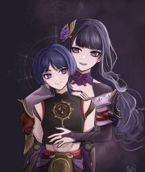 1boy 1girl arms_at_sides behind_another black_shirt blunt_bangs blunt_ends bridal_gauntlets cropped_shirt delisha_lia doll_joints eyelashes eyeliner eyeshadow fan_hair_ornament flower genshin_impact gold_ring grey_hair hair_flower hair_ornament halo hand_on_another&#039;s_shoulder hand_on_another&#039;s_stomach height_difference highres japanese_clothes joints kimono long_hair looking_at_another makeup mechanical_arms middle_ring midriff mitsudomoe_(shape) mole mole_under_eye mother_and_son o-ring off_shoulder open_mouth purple_background purple_bridal_gauntlets purple_eyes purple_flower purple_hair purple_halo purple_kimono purple_lips purple_nails purple_pupils purple_sash purple_shrug raiden_shogun red_eyeliner red_eyeshadow red_rope red_sash rope sash scaramouche_(genshin_impact) scaramouche_(shouki_no_kami)_(genshin_impact) shirt signature single_sode string swept_bangs teeth tomoe_(symbol) upper_teeth_only white_mouth wispy_bangs