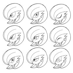 1girl :o ^_^ angry bob_cut closed_eyes closed_mouth dot_mouth female_focus gardevoir gen_3_pokemon greyscale hair_over_one_eye half-closed_eyes happy jitome looking_at_viewer monochrome monya multiple_expressions multiple_views nintendo one_eye_covered open_mouth pokemon pokemon_(creature) portrait sad short_hair simple_background smile u_u unamused white_background wide-eyed