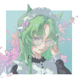 1girl absurdres animal_ears black_dress border bow braided_sidelock buttons chinese_commentary commentary_request curtained_hair dress fang floral_background flower glasses green_eyes green_hair hair_bow hair_over_shoulder hand_up highres lace_collar long_hair long_sidelocks looking_at_viewer maid maid_headdress miren_de_du_nan multicolored_dress open_mouth original outside_border pink_bow pink_flower portrait round_eyewear sidelocks smile white_border white_dress