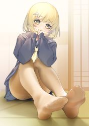 1girl absurdres blazer blonde_hair brown_pantyhose feet female_focus foot_focus foreshortening hair_ornament hairclip highres hyouuma jacket no_shoes original pantyhose school_uniform serafuku short_hair sitting skirt smile soles solo sweater toes yellow_eyes