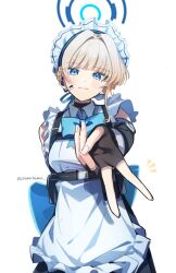 1girl apron black_gloves blonde_hair blue_archive blue_eyes blue_halo blue_ribbon blush chest_harness closed_mouth commentary_request cowboy_shot earpiece fingerless_gloves frilled_apron frills gloves gyaru_v hair_ribbon halo harness kamiyama_sumu looking_at_viewer maid_apron maid_headdress notice_lines pouch ribbon short_hair simple_background smile solo toki_(blue_archive) twitter_username v white_apron white_background