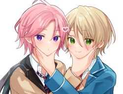 2boys :3 blonde_hair blue_jacket brown_jacket closed_mouth ensemble_stars! green_eyes hair_between_eyes hand_on_another&#039;s_face heart jacket looking_at_viewer male_focus multiple_boys oukawa_kohaku pink_hair purple_eyes school_uniform shiratori_aira_(ensemble_stars!) shisokonbu short_hair simple_background smile upper_body white_background