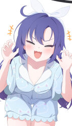+++ 1girl absurdres animal_print black_halo blue_archive blue_pajamas blue_shirt blue_shorts blush cat_print closed_eyes collarbone commentary fortysansan hairband halo highres long_hair mechanical_halo open_mouth pajamas purple_hair shirt shorts simple_background solo thighs white_background white_hairband yuuka_(blue_archive)