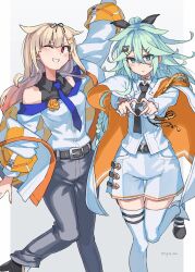 2girls aiguillette belt black_belt black_necktie black_ribbon black_shirt blonde_hair blue_necktie cape coat collared_shirt commentary_request corsage cosplay flower four-finger_heart_hands green_eyes green_hair grey_background grey_pants grin hair_between_eyes hair_flaps hair_ornament hair_ribbon hairclip heart heart_hands highres jacket kantai_collection long_hair looking_at_viewer multicolored_shoes multiple_girls necktie pants parted_bangs ponytail red_eyes ribbon shirt shorts sleeveless sleeveless_shirt smile south_dakota_(anniversary)_(kancolle) south_dakota_(kancolle) south_dakota_(kancolle)_(cosplay) sugue_tettou thighhighs twitter_username two-sided_fabric two-tone_shoes washington_(anniversary)_(kancolle) washington_(kancolle) washington_(kancolle)_(cosplay) white_cape white_coat white_jacket white_shirt white_shorts white_thighhighs yamakaze_(kancolle) yellow_cape yellow_flower yuudachi_(kancolle) yuudachi_kai_ni_(kancolle)