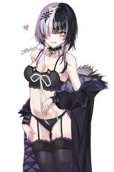 1girl black_arm_warmers black_bra black_choker black_coat black_hair black_panties black_thighhighs bra breasts choker cleavage coat fur-trimmed_coat fur_trim garter_straps grey_hair grin hair_ornament hair_over_one_eye heart highres hololive hololive_english icbm100 large_breasts long_hair looking_at_viewer multicolored_hair panties purple_coat ribbon shiori_novella simple_background smile solo split-color_hair striped_arm_warmers teeth thighhighs two-sided_coat two-sided_fabric two-tone_hair underwear virtual_youtuber white_background white_ribbon yellow_eyes