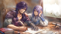 1boy 1girl absurdres black_hair book cape clive_rosfield final_fantasy final_fantasy_xvi good_end grey_hair hand_on_another&#039;s_shoulder highres holding holding_quill inkwell jill_warrick leather_vest nori_(infinite_r-evolution) prosthesis prosthetic_hand quill smile writing