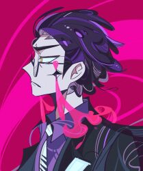 1boy absurdres black-framed_eyewear black_jacket closed_mouth collared_shirt corbeau_(pokemon) from_side frown glasses highres jacket male_focus necktie nintendo open_clothes open_jacket pokemon pokemon_legends:_z-a profile purple_hair purple_shirt round_eyewear shan_mi72266 shirt short_hair sideburns solo suit_jacket upper_body white_necktie wing_collar