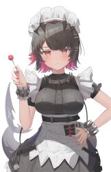1girl black_hair breasts candy colored_inner_hair ellen_joe fins fish_tail food frilled_wristband hand_on_own_hip highres holding holding_candy holding_food holding_lollipop lollipop looking_at_viewer maid maid_headdress medium_breasts metal_hairband mizuhi_kou multicolored_hair razor_blade_hair_ornament red_eyes red_hair red_nails scar scar_on_tail shark_girl shark_tail solo spiked_headband tail zenless_zone_zero