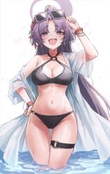 1girl absurdres belt bikini black_bikini blue_archive blush bracelet breasts cleavage commentary_request earrings eyeshadow eyewear_on_head gabang halo hand_on_own_hip haori highres jacket japanese_clothes jewelry large_breasts long_hair looking_at_viewer makeup multiple_bracelets o-ring o-ring_bikini o-ring_thigh_strap o-ring_top official_alternate_costume official_alternate_hairstyle open_mouth ponytail purple-framed_eyewear purple_eyes purple_hair purple_halo red_eyeshadow see-through_clothes see-through_jacket short_eyebrows simple_background smile solo swimsuit thigh_belt thigh_strap thighs very_long_hair wading white_background white_haori yukari_(blue_archive) yukari_(swimsuit)_(blue_archive)