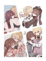 2girls :t black_bra black_choker blonde_hair blue_background blush bow bowtie bra brown_hair brown_headwear brown_jacket choker closed_eyes closed_mouth collared_shirt commentary_request contemporary cuddling dress flower flower-shaped_pupils genshin_impact grey_background grey_jacket hair_flower hair_ornament head_on_another&#039;s_shoulder heart hu_tao_(genshin_impact) hug hug_from_behind jacket jako_gnsn kiss kissing_cheek long_hair long_sleeves lumine_(genshin_impact) multiple_girls multiple_views necktie notice_lines open_mouth pajamas parted_lips purple_sweater_vest red_bow red_bowtie red_eyes red_flower red_necktie red_shirt school_uniform shirt short_hair_with_long_locks sleeping sleeveless sleeveless_dress sleeveless_shirt smile striped_clothes striped_shirt sweatdrop sweater_vest symbol-shaped_pupils twintails underwear white_background white_dress white_flower white_shirt yellow_eyes yuri