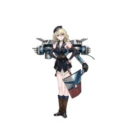 1girl artist_request belt beret black_sailor_collar black_shoes blonde_hair blue_dress blue_eyes blue_hat brown_belt buttons closed_mouth detached_sleeves double-breasted dress frown gaiters hair_between_eyes hands_on_own_hips hat highres looking_at_viewer military_rank_insignia montpelier_(warship_girls_r) official_art rigging sailor_collar shoes short_hair solo transparent_background warship_girls_r