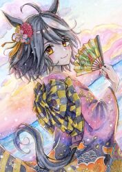 1girl absurdres ahoge alternate_costume animal_ears black_hair cloud cloudy_sky flower hair_flower hair_ornament hand_fan highres holding holding_fan horse_ears horse_girl horse_tail japanese_clothes kimono kitasan_black_(umamusume) looking_at_viewer new_year painting_(medium) print_kimono red_nails scenery short_hair sky smile solo sunrise tail traditional_media umamusume watercolor_(medium) yuika_b1ue