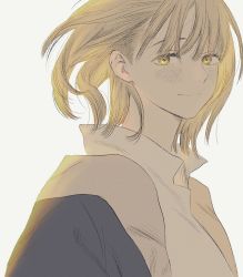 1girl backlighting blonde_hair blue_robe closed_mouth dungeon_meshi falin_touden falin_touden_(tallman) frs2 highres looking_at_viewer robe smile white_background yellow_eyes