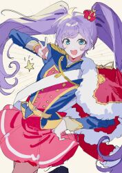 Rule 34 | 1girl, :d, ahoge, aqua eyes, black shoes, blue shirt, cape, cowboy shot, crown, dark nipples, fur-trimmed cape, fur trim, hand on own hip, hand up, highres, idol, idol clothes, light blush, long hair, long sleeves, looking at viewer, manaka laala, mini crown, nipples, nme (g76b1), open mouth, pretty series, pripara, purple hair, red cape, red skirt, shirt, shoes, skirt, smile, solo, standing, standing on one leg, star (symbol), twintails, v, very long hair