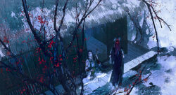 Rule 34 | 2boys, arm warmers, armlet, bare shoulders, bare tree, black eyes, black robe, chinese clothes, chinese commentary, closed mouth, flower, from above, gujian qitan (series), hair slicked back, head chain, holding, holding instrument, horns, instrument, jewelry, long hair, looking up, multiple boys, necklace, pipa (instrument), plum blossoms, red flower, red hair, robe, sitting, sleeveless, sleeveless robe, smile, standing, stilt house, thatched roof, tree, white robe, wooden house, yishangui