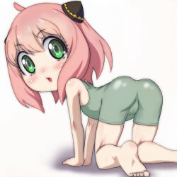 1girl ahoge all_fours anya_(spy_x_family) ass barefoot blush bun_cover cameltoe cone_hair_bun double_bun from_behind green_eyes green_one-piece_swimsuit hair_bun loli looking_at_viewer looking_back one-piece_swimsuit open_mouth pink_hair short_hair spy_x_family swimsuit t_jiroo_(ringofriend) white_background