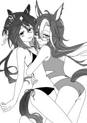 Rule 34 | 2girls, absurdres, animal ears, bikini, casual one-piece swimsuit, cowboy shot, dream journey (umamusume), ear ornament, glasses, greyscale, highres, horse ears, horse girl, horse tail, hug, long hair, low ponytail, monochrome, multicolored hair, multiple girls, one-piece swimsuit, ponytail, reimei (hokanko i), side-tie bikini bottom, simple background, stay gold (umamusume), streaked hair, swimsuit, tail, umamusume, white background