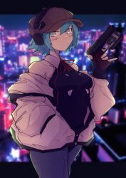 1girl absurdres black_leotard blue_hair blurry blurry_background breasts brown_hat newsboy_cap cirno cirno_(cookie) city city_lights closed_mouth collared_leotard commentary_request cookie_(touhou) cosplay cowboy_shot cyberpunk_(series) cyberpunk_edgerunners earmuffs expressionless grey_eyes grey_pantyhose gun hair_between_eyes hand_in_pocket handgun hat highres holding holding_gun holding_weapon jacket jacket_partially_removed leotard looking_at_viewer lucy_(cyberpunk) lucy_(cyberpunk)_(cosplay) medium_breasts neck_ribbon pantyhose pistol ribbon short_hair solo tatamaru5382 touhou trigger_discipline weapon white_jacket