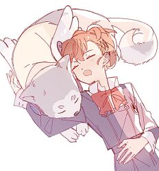 Rule 34 | 1girl, animal, black jacket, bow, bowtie, brown hair, closed eyes, clothed animal, collared shirt, dog, fake wings, gekkoukan high school uniform, hair ornament, hairclip, highres, jacket, koromaru (persona), long sleeves, lying, on back, open mouth, paitan1007, persona, persona 3, persona 3 portable, red bow, red bowtie, school uniform, shiomi kotone, shirt, simple background, sleeping, white background, white shirt, wings