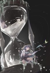 2boys aqua_gemstone arm_at_side black_bodysuit black_bow black_shorts blue_hat blue_kimono blunt_ends bodysuit bow broken_glass crystalfly_(genshin_impact) doll dual_persona feathers furisode genshin_impact glass gold han&#039;eri hand_up hat head_down head_rest highres holding holding_doll hourglass hugging_own_legs japanese_clothes jingasa kariginu kimono layered_kimono leg_warmers long_sleeves looking_to_the_side male_focus monochrome_background multiple_boys on_one_knee open_clothes open_kimono pants pom_pom_(clothes) purple_eyes purple_hair purple_sash sand sash scaramouche_(genshin_impact) scaramouche_(kabukimono)_(genshin_impact) shorts shoulder_peek sitting tassel twitter_username vision_(genshin_impact) vivivovo wanderer_(genshin_impact) white_kimono white_leg_warmers white_mouth white_pants white_sleeves yellow_feathers