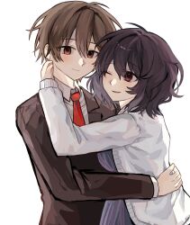 Rule 34 | 1boy, 1girl, black hair, brown eyes, brown hair, brown jacket, cardigan, closed mouth, collared shirt, commentary, highres, hug, jabuchi you, jacket, korean commentary, long sleeves, necktie, one eye closed, open cardigan, open clothes, open mouth, purple shirt, red eyes, red necktie, saibou shinkyoku, shirt, short hair, simple background, smile, uwuwuaau, white background, white cardigan, white shirt, yanagi nina