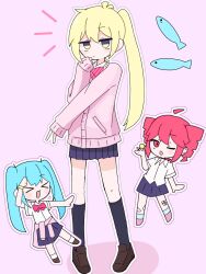 3girls akita_neru aqua_hair blonde_hair cardigan drill_hair fish gyaru hatsune_miku highres kasane_teto kogal long_hair long_sleeves multiple_girls pink_background pink_cardigan red_hair school_uniform side_ponytail simple_background standing triple_ryuunen twin_drills twintails umihotaru utau v vocaloid zako_(vocaloid)