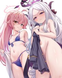 2girls ahoge bare_shoulders blue_archive blue_bra blue_eyes blue_panties blush bra breasts forehead hair_between_eyes hair_ribbon halo heterochromia hina_(blue_archive) horns hoshino_(blue_archive) loli long_hair looking_at_viewer milkshakework multiple_girls multiple_horns navel nude off_shoulder panties parted_bangs pink_hair ponytail purple_eyes ribbon small_breasts underwear white_hair yellow_eyes