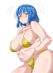 1girl belly_grab bikini blue_hair blush breasts cleavage from_side frown green_eyes hands_on_own_stomach highres karaage53ko large_breasts navel original plump short_hair solo sweat swimsuit thick_thighs thighs white_background yellow_bikini