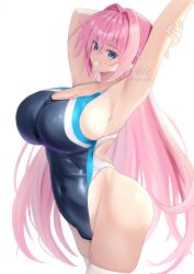 1girl arched_back armpits ass black_one-piece_swimsuit blue_eyes blue_one-piece_swimsuit breasts cleavage collarbone competition_swimsuit covered_navel crossed_bangs curvy grin hair_between_eyes highleg highleg_one-piece_swimsuit highres large_breasts long_hair looking_at_viewer multicolored_swimsuit noe_(noe_emk) one-piece_swimsuit original pink_hair presenting_armpit racerback shiny_skin sidelocks simple_background smile solo standing stretching swimsuit thighhighs thighs very_long_hair white_background white_one-piece_swimsuit white_thighhighs wide_hips