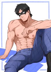 1boy abs absurdres artist_name bara black_hair blue_pants boots closed_mouth dc_comics dick_grayson domino_mask highres kuroshinki large_pectorals looking_at_viewer male_focus mask muscular muscular_male navel nightwing nipples pants pectorals short_hair simple_background sitting solo topless_male veins veiny_arms young_justice