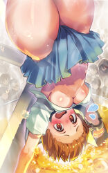 1girl arms_up blue_skirt blush boiling breasts brown_eyes brown_hair cleavage commentary crowd crucifixion cuffed embarrassed english_commentary flying_sweatdrops forehead hanging highres honnoji_academy_school_uniform kill_la_kill looking_at_viewer looking_up mankanshoku_mako matoi_ryuuko medium_breasts momochi_momotan no_bra open_mouth pleated_skirt school_uniform shirt short_hair short_sleeves skirt steam stomach thighs underboob upshirt upside-down white_shirt