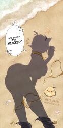1girl beach bikini bird black_socks dokibird_(vtuber) dressed_shadow_(meme) english_text feather_hair_ornament feathers gold_bikini hair_ornament highres indie_virtual_youtuber laughing meme myth1carts neckerchief shadow shell side-tie_bikini_bottom socks speech_bubble starfish swimsuit unworn_bikini unworn_neckerchief virtual_youtuber yellow_neckerchief
