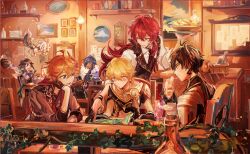 Rule 34 | 1girl, 6+boys, aether (genshin impact), ahoge, alcohol, antenna hair, ayano (katou), beer, beer mug, black gloves, black hair, black vest, blonde hair, blue eyes, blue hair, bottle, braid, bulletin board, chair, closed eyes, closed mouth, commentary, cup, dark-skinned male, dark skin, diluc (genshin impact), dress, earrings, eyepatch, food, genshin impact, gloves, hair between eyes, halo, head rest, highres, holding, holding cup, indoors, jacket, jewelry, kaeya (genshin impact), long hair, mask, mask on head, mug, multicolored hair, multiple boys, open mouth, orange hair, paimon (genshin impact), plant, ponytail, red hair, shelf, shirt, side braids, single braid, single earring, sitting, symbol-only commentary, table, tartaglia (genshin impact), tray, venti (genshin impact), vest, vines, yellow eyes, zhongli (genshin impact)