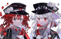 2girls angelfish black_jacket chinese_commentary closed_mouth colored_inner_hair commentary_request commission english_text expressionless fish flower gloves grey_sweater hair_between_eyes hair_ears hat hat_flower highres jacket multicolored_hair multiple_girls original portrait red_eyes sample_watermark short_hair_with_long_locks smile sweater thank_you torii turtleneck turtleneck_sweater two-tone_hair vihua6 watermark white_eyes white_flower white_gloves white_hair