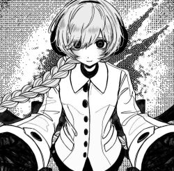 Rule 34 | 1girl, abstract background, beckoning, blush, buttons, closed mouth, coat, commentary request, cowboy shot, dithering, earmuffs, foreshortening, gloves, greyscale, hair over shoulder, long hair, long sleeves, looking at viewer, miniskirt, monochrome, outstretched arms, sekka yufu, shirt, skirt, smile, solo, straight-on, utau, wada140, winter clothes, winter coat