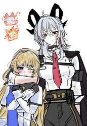Rule 34 | 2girls, arm around shoulder, belt, blonde hair, blush, choikfu, horns, long hair, multiple girls, necktie, phoebe (wuthering waves), shirt, smile, white background, white hair, white shirt, wuthering waves, yuri, zani (wuthering waves)