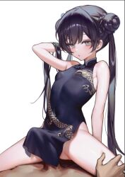 Rule 34 | 1boy, 1girl, arm behind back, arm behind head, arm up, bare shoulders, black dress, black hair, blue archive, braid, braided bun, breasts, bulge, china dress, chinese clothes, commentary request, convenient censoring, covered penis, cowboy shot, cowgirl position, double bun, dragon print, dress, erection, erection under clothes, expressionless, girl on top, grey eyes, hair bun, head out of frame, hetero, highres, kisaki (blue archive), leg grab, long hair, no panties, penis, simple background, sleeveless, sleeveless dress, small breasts, smilesmile1312, solo focus, straddling, thighs, white background