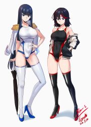 2girls absurdres alternate_costume black_hair blue_eyes blue_footwear breasts closed_mouth commentary_request competition_swimsuit covered_navel dated epaulettes expressionless frown full_body gluteal_fold hand_in_pocket hand_on_own_hip heel_up high_heels highleg highleg_one-piece_swimsuit highres jacket jacket_on_shoulders kill_la_kill kiryuuin_satsuki large_breasts long_hair looking_at_viewer matoi_ryuuko medium_breasts multicolored_hair multiple_girls one-piece_swimsuit open_clothes open_jacket parted_lips pumps red_hair short_hair signature simple_background standing streaked_hair swimsuit teeth thick_eyebrows thighhighs two-tone_hair umbrella very_long_hair white_background white_jacket white_one-piece_swimsuit white_thighhighs yoo_tenchi