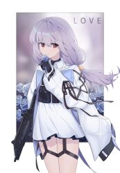 1girl absurdres atsuko_(blue_archive) black_gloves blue_archive closed_mouth collared_dress commentary cz_scorpion_evo_3 dress flower gloves grey_flower grey_hair grey_rose gun hair_between_eyes highres holding holding_flower holding_gun holding_weapon hui_yu_yu_yu_ye jacket long_hair long_sleeves looking_at_viewer open_clothes open_jacket pleated_dress puffy_long_sleeves puffy_sleeves red_eyes rose sleeves_past_wrists smile solo symbol-only_commentary very_long_hair weapon white_dress white_jacket