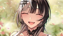 1girl absurdres black_choker black_hair choker closed_eyes day earrings falling_petals highres hololive hololive_english jewelry multicolored_hair nurufufufu open_mouth outdoors petals shiori_novella shiori_novella_(1st_costume) solo split-color_hair two-tone_hair virtual_youtuber white_hair