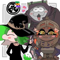 ! 1boy 2girls :3 ^^^ armor big_man_(splatoon) blush_stickers choker closed_eyes collarbone cosplay dark-skinned_female dark_skin dress eyeliner facing_viewer fang fangs frye_(splatoon) green_hair grey_background hair_over_one_eye halloween_costume hands_on_own_hips hat helmet highres index_finger_raised inkling jewelry knight ksgm3456 makeup manta_ray multiple_girls ninja nintendo octoling official_alternate_costume open_mouth orange_hair pointy_ears potion ring shiver_(splatoon) smile sparkle splatoon_(series) splatoon_3 tentacle_hair upper_body witch witch_hat yellow_eyes