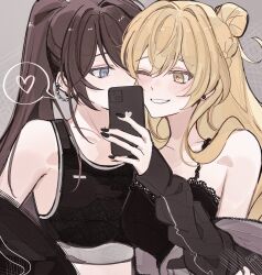 2girls black_jacket black_sports_bra blonde_hair blue_eyes brown_hair cellphone class_of_09 commentary dearbellle ear_piercing hair_bun heart highres holding holding_phone jacket jecka_(class_of_09) long_hair multiple_girls nicole_(class_of_09) off_shoulder one_eye_closed parted_lips phone piercing ponytail smartphone smile spoken_heart sports_bra symbol-only_commentary twintails upper_body yellow_eyes yuri