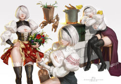 1girl 2b_(nier:automata) ^^^ absurdres alternate_costume baby_animal bird black_boots black_hairband blindfold blondynkitezgraja blue_flower boots bouquet breasts butter_churn cleavage_cutout closed_mouth clothing_cutout commentary cooking_pot covered_eyes duck duckling embroidery english_commentary facing_viewer feet_out_of_frame fire flower grey_hair hairband hand_on_own_hip high_heel_boots high_heels highres holding holding_bouquet instagram_username juliet_sleeves lace_trim large_breasts lips long_sleeves multiple_views nier:automata nier_(series) on_stool pod_(nier:automata) polish_clothes puffy_sleeves purple_flower red_flower red_skirt short_hair sitting skirt sleeping standing stool stove thigh_boots twitter_username watermark web_address white_flower yellow_flower