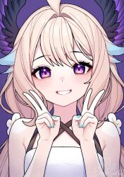 1girl ahoge aqua_nails armpit_crease artist_name bare_shoulders blonde_hair blush briorurii double_v dress enna_alouette enna_alouette_(1st_costume) grin head_wings highres looking_at_viewer low_twintails nijisanji nijisanji_en purple_background purple_eyes sleeveless sleeveless_dress smile solo twintails v virtual_youtuber wings