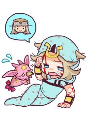 1other 2boys beanie beard blonde_hair blood blood_on_face blood_on_hands blue_eyes blue_hat blue_hoodie blue_pants brown_hat chibi chibi_only colored_skin commentary cowboy_hat english_commentary facial_hair flying_sweatdrops goggles goggles_on_headwear grey_hair gyro_zeppeli hand_on_own_face hat highres hood hood_down hoodie horseshoe_hat_ornament horseshoe_ornament johnny_joestar jojo_no_kimyou_na_bouken m_a_a_m_8 male_focus medium_hair multiple_boys open_mouth pants pink_skin spoken_character stand_(jojo) star_(symbol) star_print steel_ball_run tusk_(stand) tusk_act1 white_background wristband