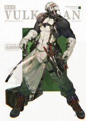 artist_name bald belt_pouch black_boots boots character_name chest_harness dark-skinned_male dark_skin dated ginias gloves green_pants hammer harness helmet highres jumpsuit muscular muscular_male pants pouch primarch puffy_sleeves red_eyes signature sledgehammer tongs twitter_username vulkan war_hammer warhammer_40k weapon welding_mask white_background white_gloves white_helmet