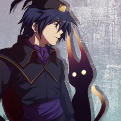 1boy blue_hair cat chrono_(series) chrono_cross dark_persona dark_serge hat lowres lynx red_eyes scarf serge_(chrono_cross) short_hair tusia