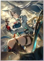 1girl animal_ear_fluff animal_ear_piercing animal_ears asymmetrical_gloves battle_standard battlefield belt black_boots black_gloves blue_dress blue_eyes boots border cloud cloudy_sky dress dutch_angle feet_out_of_frame feixiao_(honkai:_star_rail) flag floating_hair forehead_jewel fox_ears game_cg gloves highres honkai:_star_rail honkai_(series) jacket jewelry knee_boots long_hair looking_ahead mandarin_collar mismatched_gloves neck_tassel official_art open_clothes open_jacket outdoors parted_bangs ponytail putting_on_gloves ring serious sky solo sword thigh_belt thigh_strap thighs third-party_source war_flag weapon white_border white_hair white_jacket