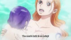 2girls animated anime_screenshot bouncing_breasts breast_awe breasts brown_eyes highres huge_breasts kurozumi_tama large_breasts multiple_girls nami_(one_piece) nude one_piece onsen orange_hair purple_eyes purple_hair sound tagme video